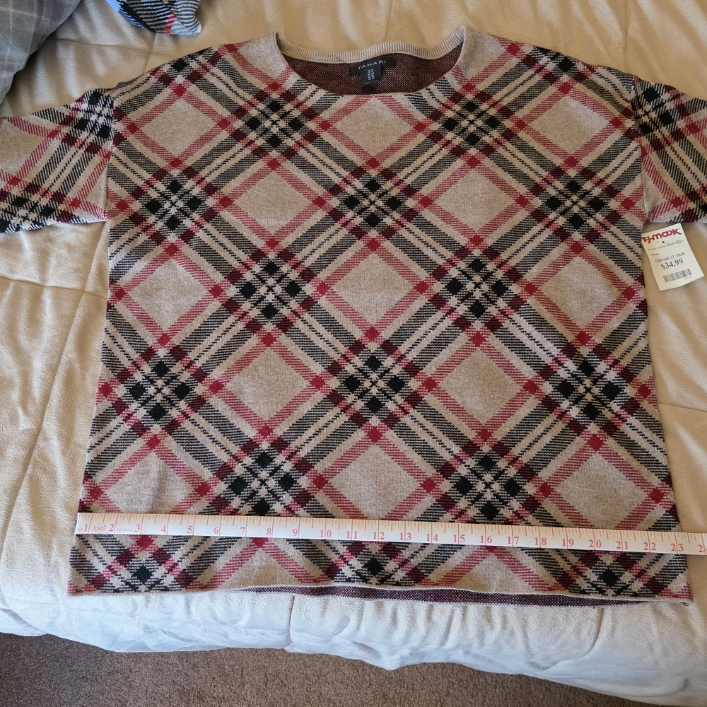 Tahari Plaid Knit Sweater - Beige, Black & Red